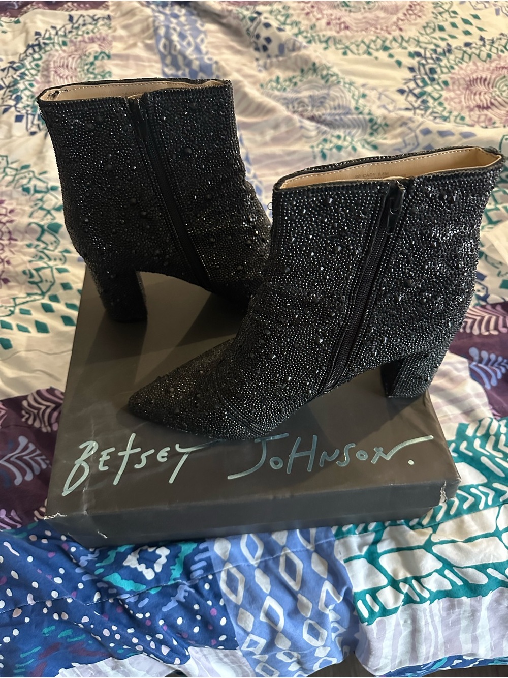 Betsey Johnson Black Sparkle Pointed Toe Ankle Boots - Picture 2 of 9